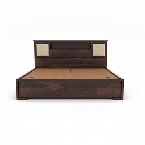 Image of Solid Sheesham Wood Bed with Storage | Wooden Cot with Box Storage & Upholstered Headboard | Strong Durable Frame | Modern Luxury Bed for Bedroom Home & Hotel (Walnut Finish, Queen)