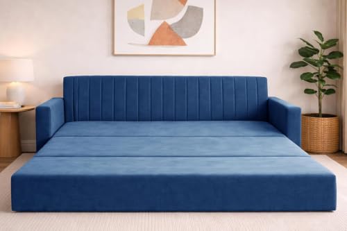 Image of Deco Studio Three Seater Sofa Cum Bed for Living Room | Convertible Sofa Bed | Vertical Channel Backrest | Space Saving Sofa Sleeper for Home, Guest Room & Office-Blue