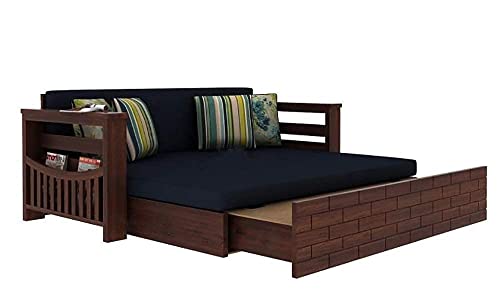 Image of Solid Sheesham Wood Sofa Cum Bed with Storage Side Pocket- 3 Seater Wooden Sofa Bed for Living Room | Convertible Diwan Bed with Cushions Mattress | Modern Space Saving Furniture (Blue)