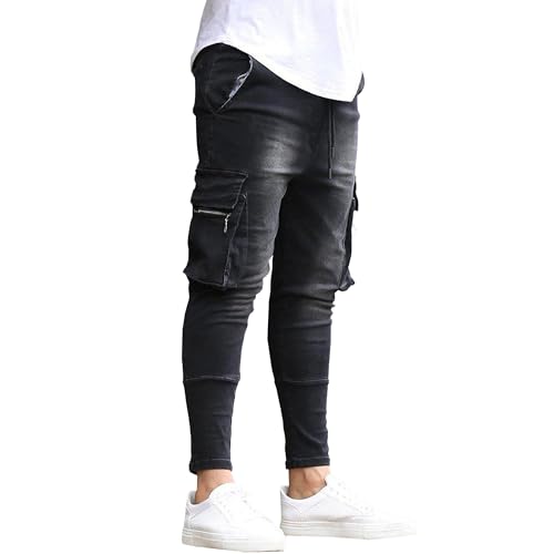 Men's Zipper Accents Skinny Jeans Slim Fit Fashion Denim Pants Cargo Casual Jean Trousers with Multiple Pocket (Dark Blue,Medium)