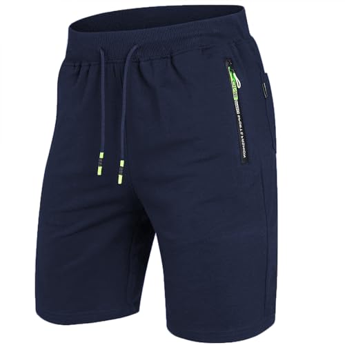 ZOXOZ Short Homme Coton Sport Ete Pantalon Court Décontracté Jogging Running Casual Slim Fit Short Court Homme avec Poches Zippée Elastique Bleu M