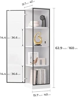 Corner Display Cabinet with Doors, 4-Tier Curio Cabinet for Collectibles, Display Case with 3 Color Light, Storage Cabinets with Door, Bookcase with Human Body Sensor, White(15.7" W)