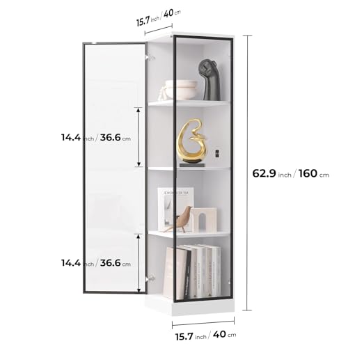 Corner Display Cabinet with Doors, 4-Tier Curio Cabinet for Collectibles, Display Case with 3 Color Light, Storage Cabinets with Door, Bookcase with Human Body Sensor, White(15.7" W)