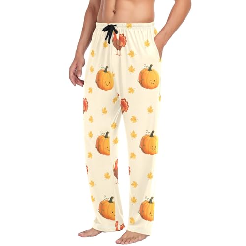 Autumn Fall Thanksgiving Pumpkin Yellow Men's Pajama Pants Cotton Sleep Bottoms with Drawstring A23044983