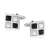Hoisy Elegant Cufflinks for Men, Cufflinks for Boys Square Lattice Opal Black White Stainless Steel Cufflinks for Tuxedo Shirts Business Wedding