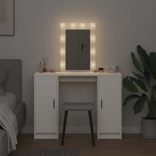 Tocador blanco de madera con espejo y luces para dormitorio Mangloder 102cm 4