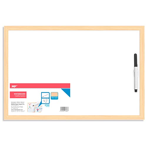 MP Pizarra Blanca, Rotulador Incluido, Marco Madera Natural, Resistente, Fácil de Borrar, 90x60, Ideal para Colegios, Tiendas, Hogares y Oficinas. Fácil Instalación, para Colgar, No Magnética.
