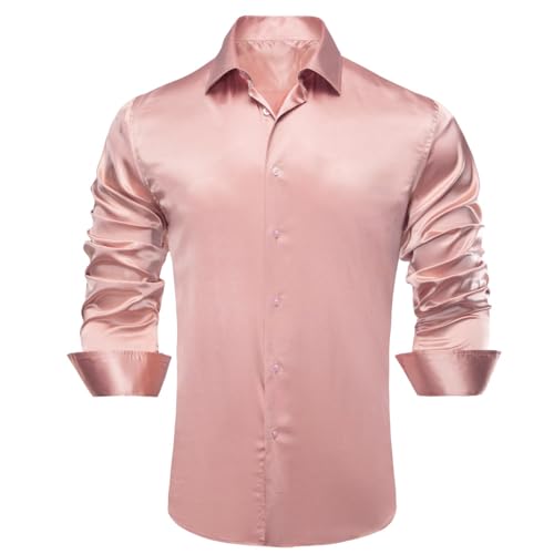 Image of Hi-Tie Men's Silk Satin Dress Shirts Long Sleeve Shiny Casual Button Up Shirts Luxury Party Disco Prom Wedding Shirt
