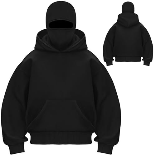 Enthowother Balaclava Hoodie - Pullover Hoodie with Built-In Windproof Face Mask Ninja Hooded Sweatshirt for Outdoor Sports (Black Large)