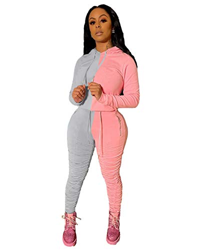 PINSV Women's 2 Piece Outfits Long Sleeve Pullover Hoodie Workout Sets Loungewear Sweatsuit Grey Pink XL
