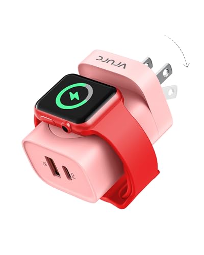 VRURC Charger for iPhone & Apple Watch, 20W USB C Fast Charging Block, 3-in-1 Compact Travel Adapter with 2 Port for iPhone 17/16/15/14/13, Wireless Magnetic for iWatch SE/11/10/9/8/7/6/5/4-Pink