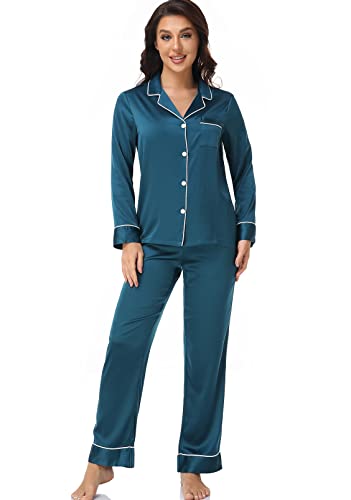 Image of Serenedelicacy Women's Satin Pajama Set Long Sleeve Button Down Sleepwear 2-Piece Silky Pj Set