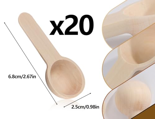 Emezddo 20 Stück Holzlöffel,Klein Gewürzlöffel,Mini Holzkochlöffel,Mehrzweck Löffel,Kurzem Kochlöffel,Eisportionierer,Kaffeelöffel,Marmeladenlöffel,für Salz Gewürze Marmeladengläser(Runder,6.8cm)
