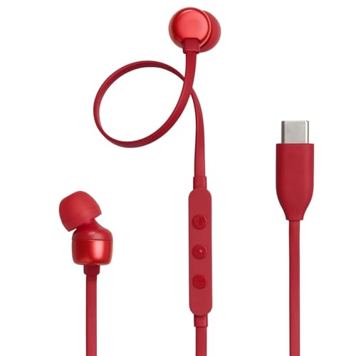 Image of Type-C Wired Earphone with Tangle-Free Cable Construction, Intelligent 3-Button EQ Remote and Microphone, for 310C Jbll USB-C Devices [Red]