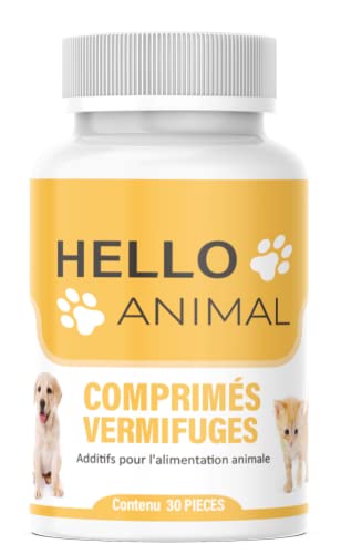 HelloAnimal® Comprimés vermifuges intestinaux anti-vers pour animaux – effet antiparasitaire pour chiens + chats, lapins, volaille avant, pendant et après infestation pour chien & chat - 30 gélules