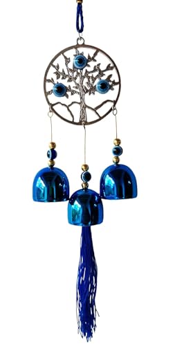 Image of Nazar Battu for Home Entrance Evil Eye Hanging for Home Lucky Big 3 Bells with Circle Tree Showpieces for Good Luck and Prosperity At Office and Home, Blue