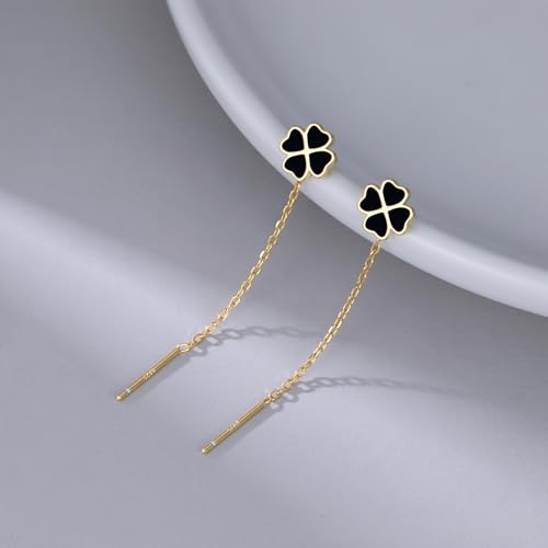 Reffeer Solid 925 Sterling Silver Leaf Clover Dangle Earrings Chain for Women Teen Girls Black Leaf Tassel Drop Earrings Threader4
