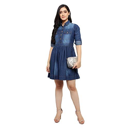 Image of Women's Casual Denim Dress with Regular Fit Solid Pattern Knee-Length 3 /4th Sleeves Flare A-line Design|Denim midi Dress for Women