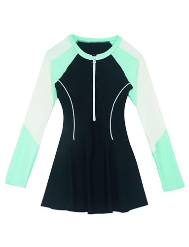 Image of SEAUR Girls Swimsuits Girls Rash Guard Bathing Suits Quick Dry Swimwear Zipper Front Swim Dress Kids Two Piece Swim Suit