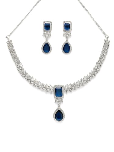 Image of Karatcart Elegant Silver Plated Blue American Diamond Necklace Set for Women