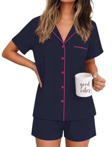 Image of Ekouaer Womens Pajamas Set Soft Classic Notch Collar Bride Pjs Comfy Short Sleeve Sleepwear Loungewear