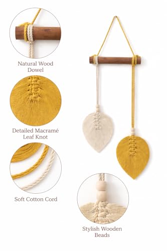 Image of AdFashionble Boho Macrame Wall Hanging Leaf Decor for Home, Living Room & Bedroom | Cotton Thread Art with Wooden Rod | Minimalist Handmade Wall Decoration | Aesthetic Nordic Wall Art for Home, Office & Gift Purpose Lenght- 58 cm Width- 15 cm (YELLOW & OFFWHITE)