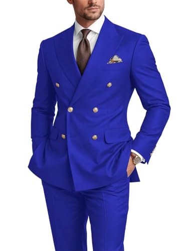 TIJOFA Mens 2 Piece Double Breasted Suit Royal Blue Regular Fit Wedding Prom Suits Jacket Mens Royal Blue Suit Gold Button Peak Lapel Tuxedo for Men for Father's Day Size 4XL