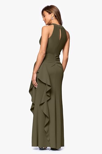 Image of Xscape Evenings Women's Long, Bodycon Low-Sheen Cross Front Halter Neck Evening Dress with Ruching & Ruffle Detail