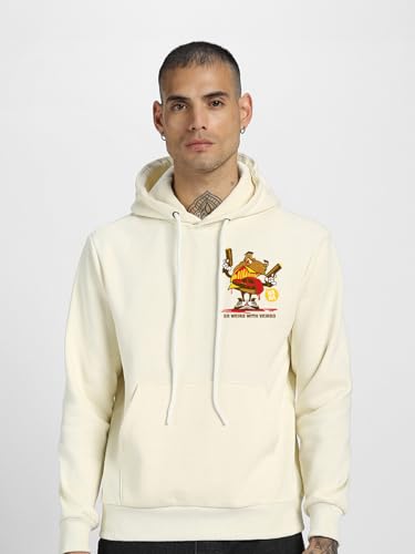 Image of Veirdo Cotton Fleece Regular Fit Hooded Sweatshirt Lastest Back Graphic Printed Winter Hoodies for Men (Available Colors: Marine Green, Marshmellow, Black, SOYA Bean, Orange & Blue)