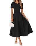 MEROKEETY Women's 2026 Summer Midi Dresses Short Sleeve Crewneck A Line Pleated Wedding Guest Flowy Long Dress with Pockets, Black, Medium