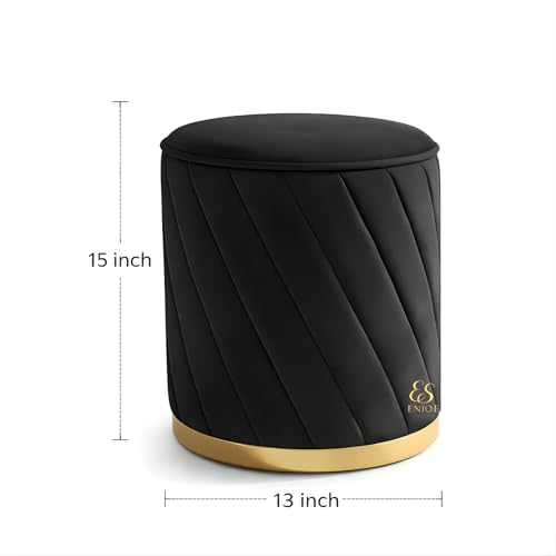 Image of Luxury Round Velvet Ottoman Stool with Gold Base - Modern Upholstered Footrest Pouffe, Tufted Vanity Seat, Living Room Bedroom Dressing Stool (Black)