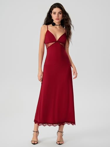 Image of CIDER Women's Summer Semi Formal Dresses Satin Lace V Neck Spaghetti Strap Slip Midi Dress Sexy Dresses Nightgown Party