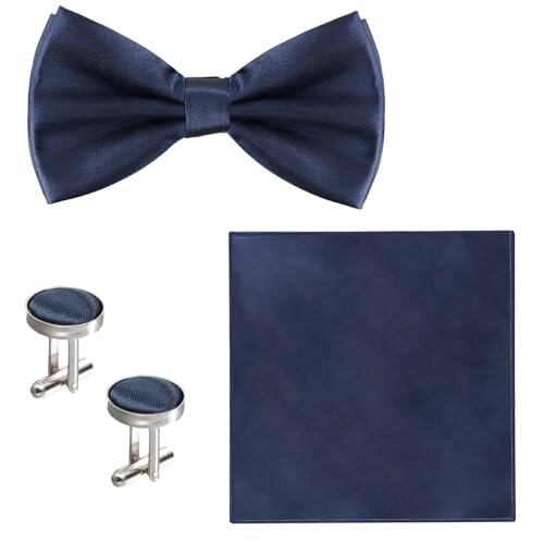 Aohyue Elegantes Fliege Herren Set, mit Seidenschal & Manschettenknöpfen, Anzug Accessoires für Herren Set, Solider Bifold-Fliege, Ideal für Hochzeit & Business (tiefes Marineblau)
