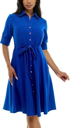 Image of Sharagano Women's Pleated Shirt Dress - 3 /4 Sleeve, V-Neck, Gold Buttons