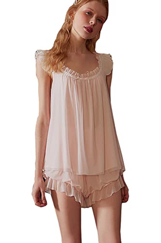 SINGINGQWEEN Women's Vintage 2 Pcs Sleepwear Bridal Wedding Loungewear Pajamas Sets Victorian Nightwear Princess Chemises Nighties (pink, large)