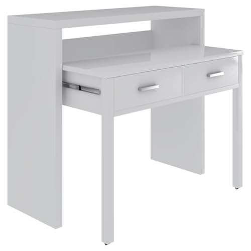 Bricozone Scrivania Salvaspazio Bianca Estraibile Con 2 Cassetti E Piano Rialzato Consolle Multifunzione Per Ufficio Casa Piccoli Spazi