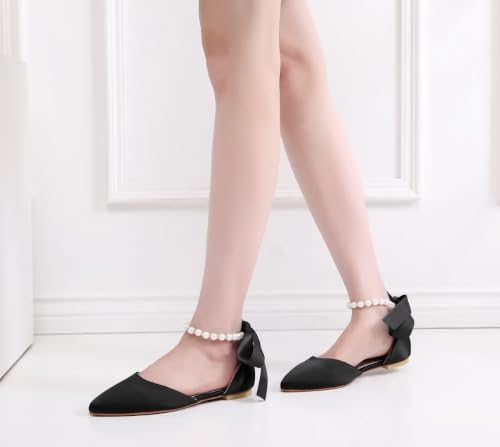 Image of Women's Bride Ballet Flats Satin Pointed Toe Pearl Ankle Strap Shoes | Satin Pointed Toe Flats; Pearl Ankle Strap Wedding Shoes