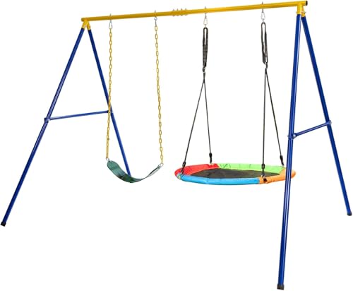 GOPLUS Schaukelgestell Outdoor, Schaukelgerüst aus Metall bis 300kg belastbar, Schaukelständer mit Schaukelsitz & Nestschaukel, Schaukel Set für Kinder