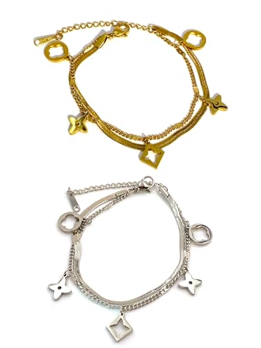 Ladies' Clover Jewelry Set -18K Gold Gold Silver Snake Bone Double Layer Bracelet, Lucky Gift for Mom, Wife, Daughter, and Friends