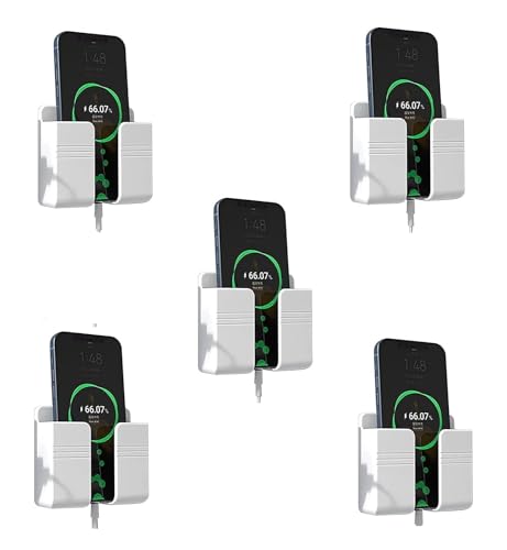 Image of Wall Mounted Adhesive Remote Control Stand Mobile Phone Holder for Charging AC /TV Storage Box for All Smartphones | Pack of 5 (White)
