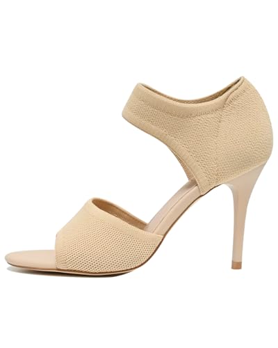 Image of Peep Toe Heels for Women Sexy 3 Inches Stiletto Heeled Sandals for Women Open Toe Wide Stretchy Knit Heel Sandal Booties Slip On Comfortable Dressy Shoes for Prom, Party and Work