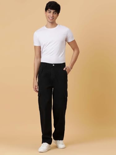 Image of KOTTY Men's Loose Fit Cargo Denim Jeans - Vintage Washed Utility Jeans with Side Pockets