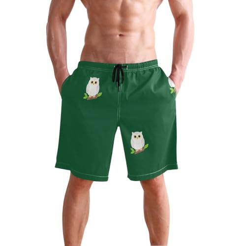 Cute Owl Bird Green Mens Swim Trunks Quick Dry Beach Shorts with Pocket S 2302236