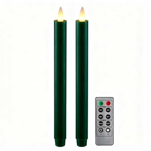 Image of Flameless Taper Candles Flickering with Remote and Timer, 3D Moving Flame Taper Candle Battery Operated to 400 Hours, 9 Inch Window Candles, (Holiday Green)