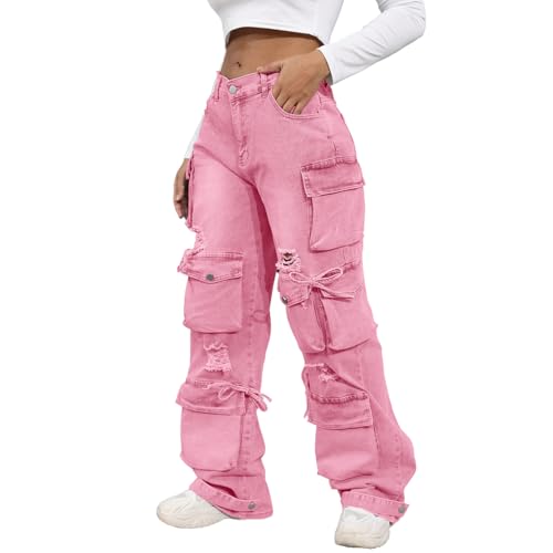 ThusFar Cargo Jeans for Women Y2K High Waisted Baggy Jeans Ripped Straight Wide Leg Denim Pants Streetwear Pink 3XL
