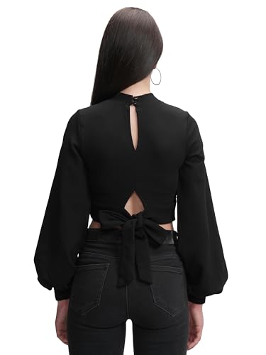 Image of Tokyo Talkies Women's Puff Long Sleeves High Neck Key Hole Crop Top | Trendy & Flattering | Perfect for Casual & Party Looks | Tops for Woman | Women Tops | Women Crop Top