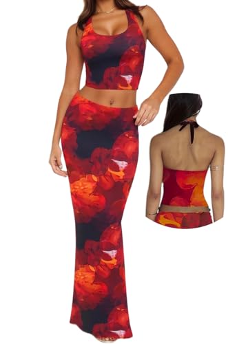 Image of Women High Stretchy Adjustable Strap Backless Floral Two Piece Maxi Skirt Set Summer Outfits 2026