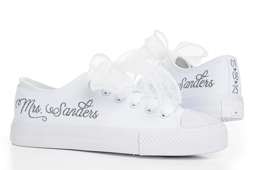 Personalized Wedding Sneakers for Bride – Silver Mirror Name Custom Bridal Shoes – Handmade White Trainers for Ceremony or Reception