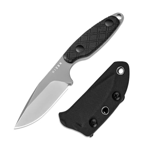 Kizer Muskrat Fixed Blade Knife, 3.15 In D2 Blade EDC Knife Argyle Pattern Black G10 Handle Neck Knives for Men Women, Outdoor Hunting Hiking Survival Camping Knives with Sheath, 1064M3