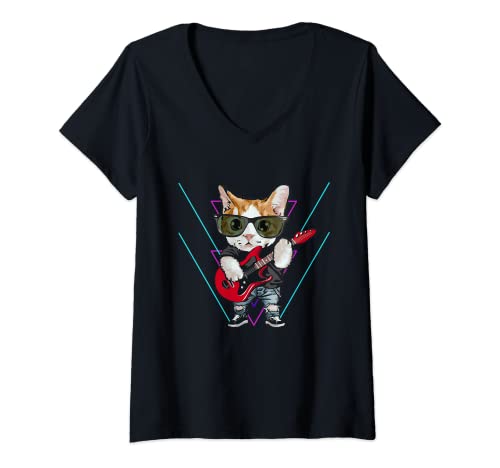 Mujer Cat Guitarrista de Rock and Roll Músico Camiseta Cuello V